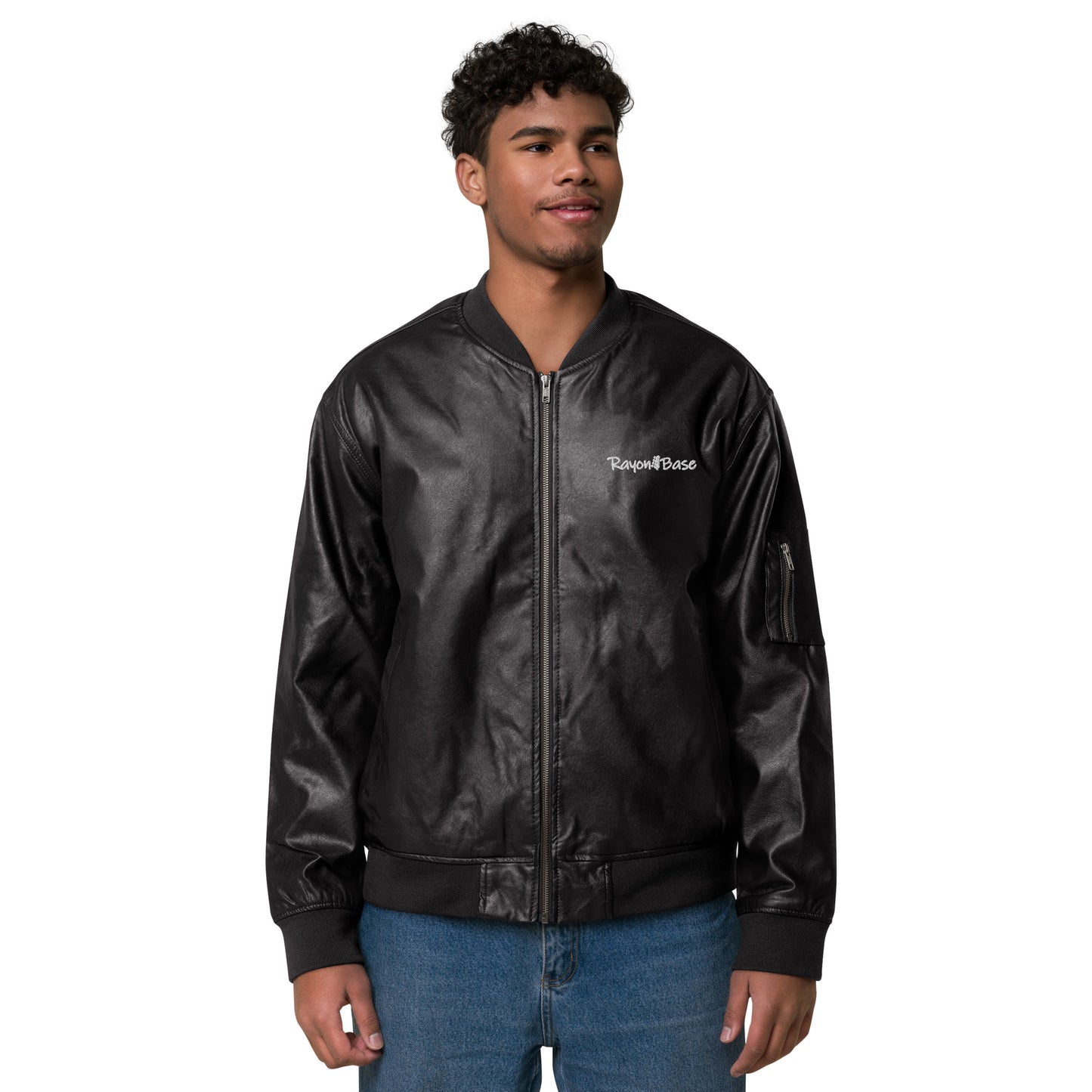 RayonBase Logo PU Leather Bomber Jacket